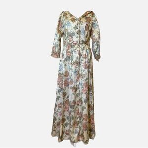 Flobert Vintage Old Hollywood Brocade Pastel Pink Green Floral Maxi Dress Sz 18